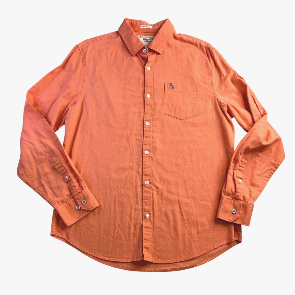 Original Penguin Mens Heritage Slim Fit Orange Cotton Linen Shirt Large OP3876